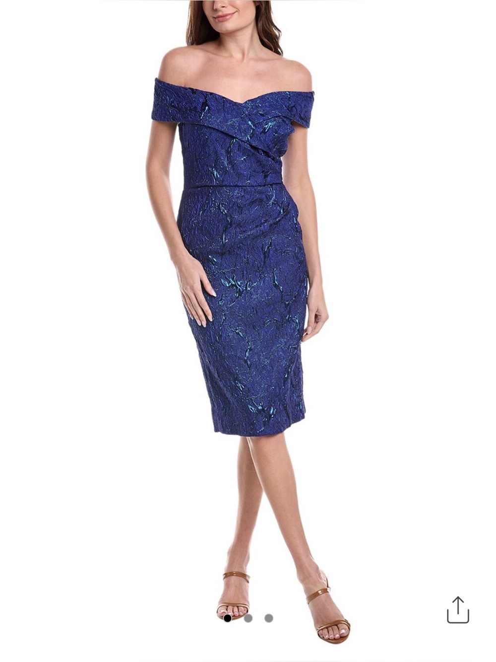 Teri Jon by Rickie Freeman
Metallic Jacquard Ruched Midi Dress
Size 6, Blue